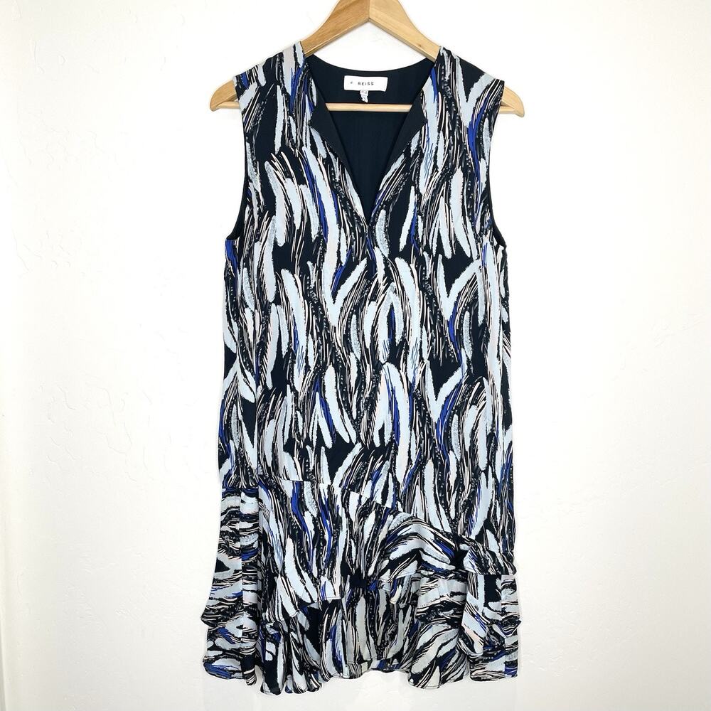Reiss Elsie Printed Mini Shift Dress Womens US 4 Blue Black Sleeveless